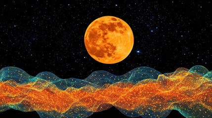Wall Mural - Cosmic Orange Moon: A vibrant orange full moon dominates the night sky, its radiant glow casting an ethereal light upon swirling nebulae below.  The scene evokes a sense of wonder and mystery. 
