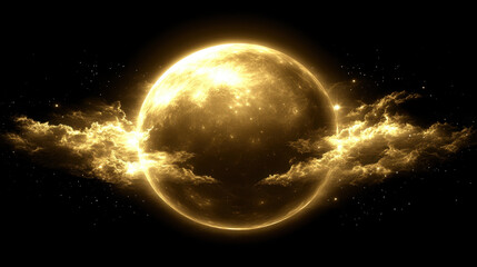 Wall Mural - Golden Celestial Orb: A mesmerizing golden moon, radiant and luminous, emerges from ethereal clouds, creating a mystical and awe-inspiring celestial scene. 