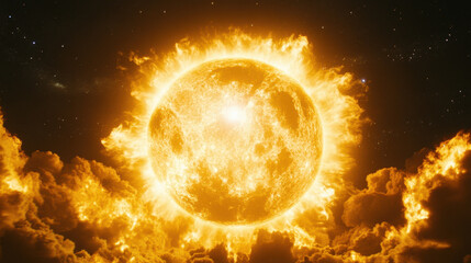 Wall Mural - Cosmic Inferno: A mesmerizing celestial spectacle unfolds as a fiery sun, radiating intense heat and light, dominates the cosmic canvas.  