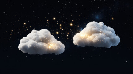 Wall Mural - Cosmic Clouds: A mesmerizing digital art composition, showcasing two fluffy, glowing clouds amidst a backdrop of a starry night sky. The clouds emanate an ethereal light.