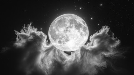 Wall Mural - Full Moon Embrace: A luminous full moon peeks through a veil of fluffy clouds, casting a soft, ethereal glow against the vast canvas of the night sky. The scene exudes tranquility and mystery. 