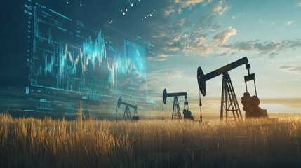 Poster - Rise in gasoline prices concept with double exposure of digital screen with growing financial chart candlestick and oil pumps on a field