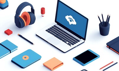 Poster - Tech Haven, a vibrant collage showcasing an array of innovative devices for remote work, blending functionality with modern aesthetics.