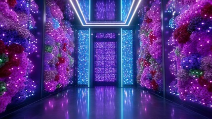 Poster - Illuminated Floral Corridor Neon Lights and Blossoms