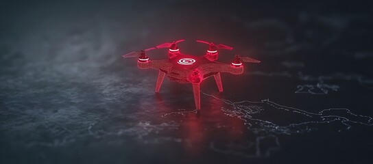 Poster - Red Illuminated Drone Hovering Above a World Map, Digital Render