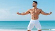 © khonkangrua - Strong and Confident Man Flexes Muscles on Sunny Beach with Ocean in Background on Clear Day
