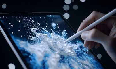 Poster - Student engaged in digital learning, focused expression, stylus in hand, vibrant tablet screen displaying interactive content, modern educational environment