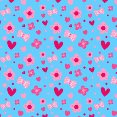 Wall Mural - Valentines seamless pattern.Hand drawn cute elements, hearts, flowers, bow, dots repeat pattern in pink isolated on blue background.Vector graphic illustration love background.