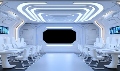 Poster - Futuristic Virtual Classroom, an immersive learning space filled with advanced technology, interactive displays, and a collaborative environment for students.