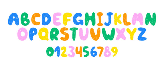 Hand drawn font with crayon or pastel texture. Cartoon alphabet letters and numbers for school or kindergarten. Kids vector illustration drawn with pencil.