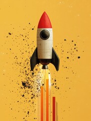 Poster - rocket ship illustration with bar graph, yellow background. generative ai