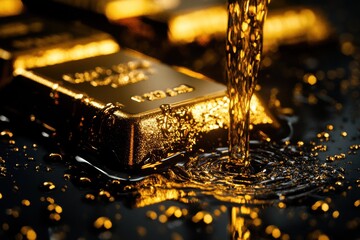 Poster - Golden bars submerged in liquid gold create a mesmerizing visual effect in a dimly lit studio. Generative AI