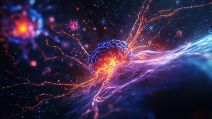 Leinwandbilder - Creative representation of neural connections in the human brain with colorful energy pathways. Generative AI