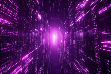 Fototapete - purple tunnel with a bright light shining through it. The tunnel is filled with purple lights and the light is shining through a small opening. The tunnel appears to be a futuristic, sci-fi setting