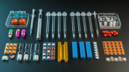 Poster - Variety of medical supplies and medications arranged systematically on a dark surface for educational or professional use. Generative AI