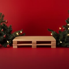 Wall Mural - Wooden bench with Christmas tree on red background. 3d rendering