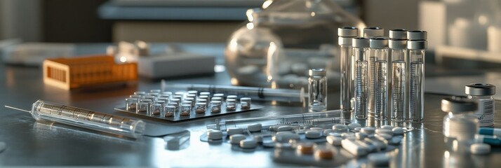 Poster - Medical supplies and equipment arranged on a laboratory table during a research session in a modern facility. Generative AI