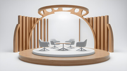 Poster - a 3D rendering of A virtual talk show set up on a circular stage, with three chairs prepared for an interview, surrounded by wooden slats with abstract cut on top, captured from behind. Generative AI