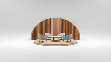 Poster - a 3D rendering of A virtual talk show set up on a circular stage, with three chairs prepared for an interview, surrounded by wooden slats with abstract cut on top, captured from behind. Generative AI
