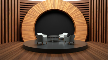Poster - a 3D rendering of A virtual talk show set up on a circular stage, with three chairs prepared for an interview, surrounded by wooden slats with abstract cut on top, captured from behind. Generative AI