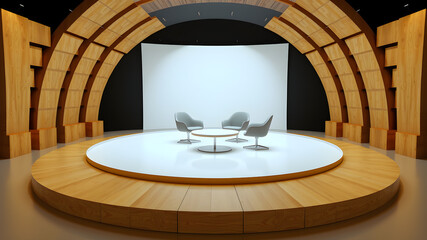 Poster - a 3D rendering of A virtual talk show set up on a circular stage, with three chairs prepared for an interview, surrounded by wooden slats with abstract cut on top, captured from behind. Generative AI