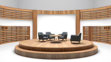 Poster - a 3D rendering of A virtual talk show set up on a circular stage, with three chairs prepared for an interview, surrounded by wooden slats with abstract cut on top, captured from behind. Generative AI