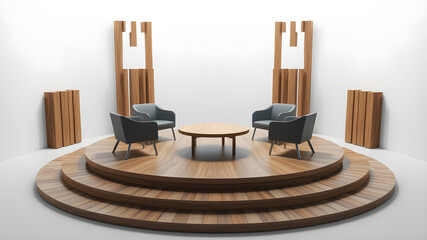 Poster - a 3D rendering of A virtual talk show set up on a circular stage, with three chairs prepared for an interview, surrounded by wooden slats with abstract cut on top, captured from behind. Generative AI