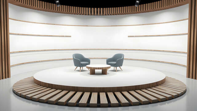 a 3D rendering of A virtual talk show set up on a circular stage, with three chairs prepared for an interview, surrounded by wooden slats with abstract cut on top, captured from behind. Generative AI