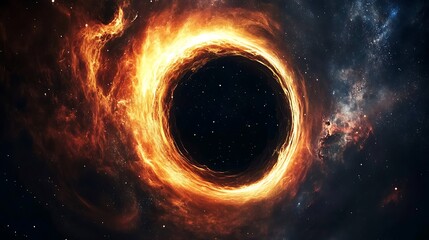 Wall Mural - A cosmic scene of a supermassive black hole at the center of a galaxy with spiraling stars and glowing gas clouds