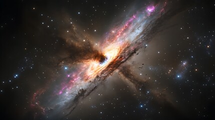 Wall Mural - A cosmic scene of a supermassive black hole at the center of a galaxy with spiraling stars and glowing gas clouds