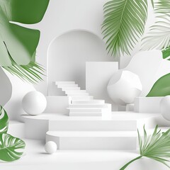 Wall Mural - Abstract background with white podiums and tropical leaves, 3d render