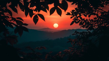 Sticker - Fiery sunset view through leaves over mountains.