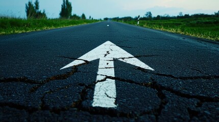 Cracked asphalt road leading forward open landscape aerial view journey concept nature's pathway