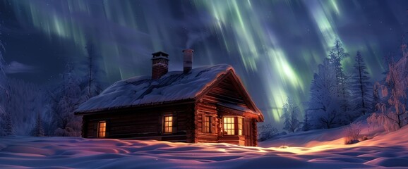 a quaint wooden cabin illuminated by shimmering platinum northern lights on a winter night.