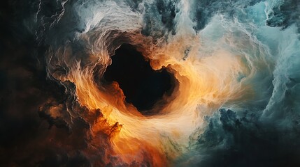 Wall Mural - A supermassive black hole surrounded by swirling clouds of gas and dust, creating a colorful and dynamic cosmic environment