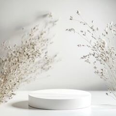 Wall Mural - 3d render of white podium for product display with dried flowers on white background