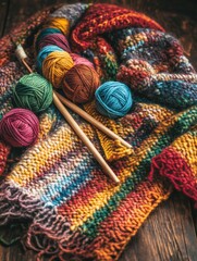Poster - Colorful yarn and knitting supplies arranged on a warm wooden surface with a vibrant scarf in progress. Generative AI