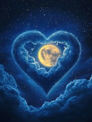 Wall Mural - artistic heart shape with moon and stars in a dreamy night sky, mystical illustration