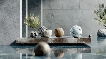 Aufkleber - Geometric and irregular elements forming a balanced arrangement modern minimalist studio 3d render calm space elevated view