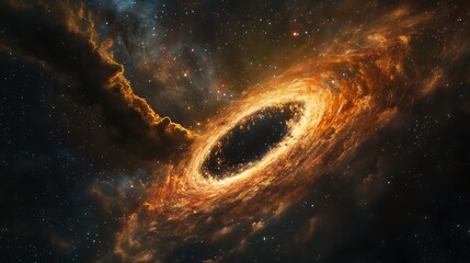 Wall Mural - A depiction of a supermassive black hole in deep space, with swirling cosmic dust and stars creating a dynamic and colorful scene