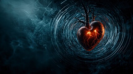 Poster - Pulsing heart circles expanding in dark atmosphere digital art abstract surreal dynamic concept