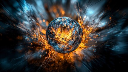 Poster - Dynamic expansion of a crystal sphere in a fiery burst abstract art digital creation surreal environment