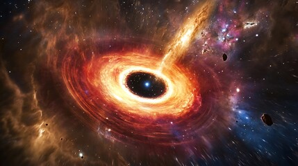 Wall Mural - A cosmic scene of a supermassive black hole surrounded by swirling matter and energy, creating a dramatic and colorful display