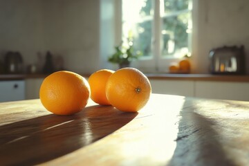 Wall Mural - Three Oranges on Wooden Table