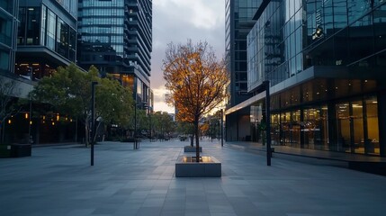 Aufkleber - Urban serenity lively tree amidst modern architecture in downtown cityscape evening view with clean lines
