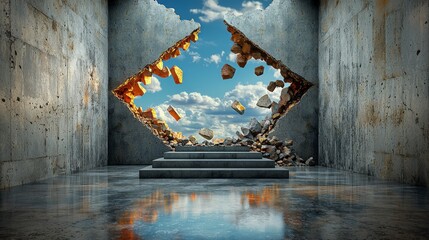 Poster - Destruction and creation symmetrical design abandoned building 3d visualization urban environment wide angle conceptual art