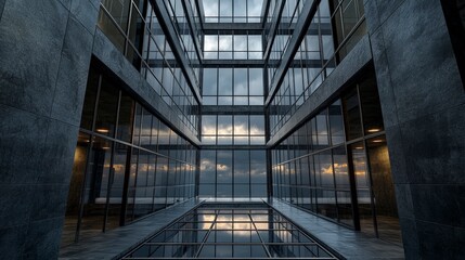 Aufkleber - Exploring modern architectural urban space cityscape interior photography low angle reflective surfaces evolving textures