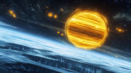 Wall Mural - A fiery orange star illuminates a vast dark space and a blue planet below it