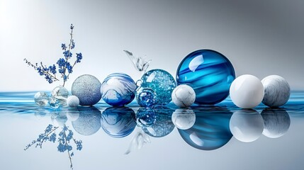 Aufkleber - Elegant blue and white glass spheres reflecting on smooth surface modern art display tranquil atmosphere abstract composition