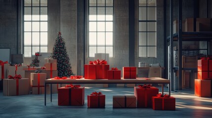 Poster - Decorated Merry Christmas table with gifts boxes in warehouse interior background. Many presents wrapped with red ribbons and letters on desk in storage. Xmas postal shipping delivery concept.